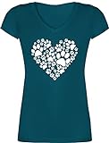 Sprüche Statement mit Spruch - Pfoten Herz - XL - Türkis - Tshirt Damen Herz - XO1525 - Damen T-Shirt mit V
