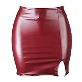 Damen PU Leder Reißverschluss Bodycon Bleistift Mini Rock A-Linie Slim Stretchy Eng Hohe Taille Split Rock, 101 Weinrot,