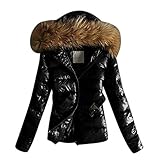 TWIOIOVE Daunenjacke Damen Winter Warm Kurzjacke Lederjacke mit Kapuze Steppjacke Leicht Gemütliche Daunenmäntel Dickere Warm Funktionsmäntel Pelzkragen Kapuzenjacke Teenager M