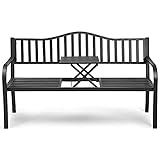 Sitzbank mit ausziehbarem Mitteltisch, Gartenbank mit Armlehnen & Rückenlehne, Ruhebank aus Eisen, für 2-3 Sitzer, belastbar & wetterfest, 150 x 59 x 91 cm, für Garten, Balkon, T