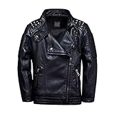 LAUSONS Kinderkragen Motorrad Lederimitat Mantel Jungen Kunstleder Jacke Bikerjacke mit Nieten Schwarz DE 128-134(Herstellergröße 130)