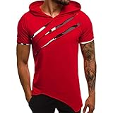 Yowablo Kapuzen T Shirt Herren Sommer Casual Patchwork Slim Kurzarm Top Bluse (M,Rot)