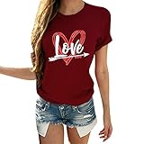 MRULIC Damen Oberteil T-Shirts Tops Kurzarm Rundhals Frauen Pullover Valentinstag Drucken Blusen Sommer Shirts (A3 Wein,M)