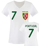 Comedy Shirts - Portugal - VORNE + HINTEN - 7 - Damen V-Neck T-Shirt - Weiss/Grün-Rot-Gelb Gr. L