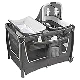 GOPLUS 4 in 1 Reisebett, Laufgitter Wiege Windeltisch, ab Geburt bis 15 kg, mit Matratze&Wickelauflage, Mobil & Faltbar, mit Anhänger&Musik, mit Ablage, mit Tragetasche (Dunkelgrau)