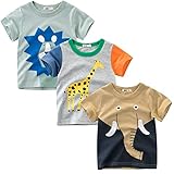 LAUSONS Kinder 3er-Pack T-Shirt Kurzarm Shirt Rundem Ausschnitt Oberteile Cartoon Tiere 128/Etikett130