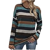 Damen Streifen Pullover Rundhals Baumwoll Freizeit Tunika Basic Langarmshirt Oberteile Herbst Langarm Shirt Sweatshirt für Female Teenager Mädchen L