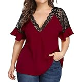 N\P Sommer Plus Size Casual Damen Kontrast Spitze Stitching V-Ausschnitt T-Shirt, Rot1, Larg