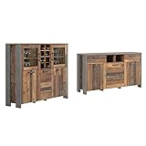 FORTE Clif Highboardvitrine mit 3 Türen unf 2 Glastüren, Old – Wood Vintage/Betonoptik Dunkelgrau, 151,4 x 127,9 x 41,6 cm & Clif Kommode mit 3 Türen und 2 Schubkästen, 156,4 x 86,3 x 41,6