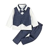 Baby Jungen Kleinkind 2-Teilige Kleidungset Anzug mit Fliege Klassische Einfarbig Langarmshirt mit Gefälschte Weste Anzughose für Jungen Babygeschenk Baby Outfit Deluxe (Dunkelblau, 9-12 Monate)