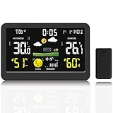 FHISD Multifunktionale drahtlose Wetterstation, Wettervorhersageuhr mit Farbbildschirm, schallgesteuertes Hygrometer für den Innen- und Außenbereich, Quarzglasspieg
