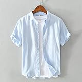 Gerfrwet T-Shirt Kurzarm Weißes Hemd Männer Kurzarm Atmungsaktiv Leinen Baumwolle Tops Solide Mann Kleidung 4XL(85-90) Kg Himmelb