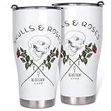 Wmeyiseyiy Totenkopf Rose 30oz Edelstahl Thermotasse Doppelwandig Vakuum Isoliert Travel Mug Kaffeebecher mit Deckel Trinkbecher Wasserflasche Auslaufsicher Autobecher Teetasse Mug White 900ml(30oz)