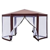 Outsunny Pavillon Gartenpavillon mit Moskitonetz Partyzelt Gartenzelt Festzelt Zelt 6-eckig Polyester+Metall Braun 390x390x250
