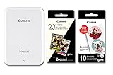 Canon Zoemini Mini Printing Kit Fotodrucker + Fotopapier 20 Stk ZINK ZP-2030 + 10 Circle Sticker (Mobiler Sofortdruck, Bluetooth, 5 x 7,5 cm Fotos, Akku, tintenfrei, iOS, Android, Printapp), weiß