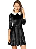 Allegra K Damen Vintage Samt Langarm Kontrast Puppe Peter Pan Kragen Kleid, Schwarz , 34