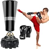 ZILINGO Freistehender Boxsack Standboxsäcke, Schwerer Boxsack-Ständer mit Boxhandschuhen, MMA Boxpartner Boxing Trainer Heavy Duty Punchingsäcke Kickboxsack mit Frühling Saugnapf-Basis, Schwarz 180