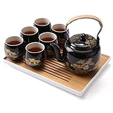 DUJUST Japanisches Teeservice, Schwarzes Porzellan Teeservice mit 1 Teekanne, 6 Teetassen, 1 Teetablett, 1 Edelstahl-Ei, Schönes asiatisches Teeservice für Teeliebhaber (Landschaft in Gold)