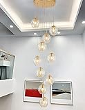 Gweat Moderne einfache Wendeltreppe Kronleuchter Kristall Lichtschirm Deckenkugeln Glasblase Lampe Große Pendelleuchten Für Wohnzimmer Flur Duplex Hängeleuchten 10 Kugel 40×200CM