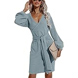 Herbst Und Winter Casual Fashion Damen V-Ausschnitt Einfarbig Laterne Langarm Krawatte Taille Lose Absicherung Kurze Tasche HüFtkleid D