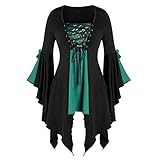YJING Halloween Kostüm Damen Übergroßes Mesh Mittelalter Kleid Gothic Maxikleid Schnürkleid mit Schmetterlingsärmeln Renaissance Party Abendkleider Dress Cosplay Halloween Karneval(22-Grün,M)