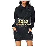 BOTCAM 2022 New Year Drucken Damen Hoodie Kleid Langarm Herbst Winter Kapuzenpullover Mit Taschen Lang Lässig Lose Sweatshirt Damen Oversized Pullover Kleid Partykleid Longshirt Kapuzentop