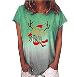 Weihnachten T Shirt Damen Oberteile mit Weihnachtsmotiv Modische Bunt Farbverlauf Tee Tops mit Christmasdruck Rundhals Kurzarm Winteroberteile Festlich Homewear Tunika Bluse Basic Shirt Strassenw