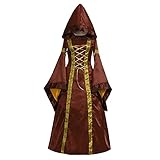 BUKINIE Damen Renaissance Mittelalter Kostüm Kleid Schnüren Irisch über Lange Kapuze Kleider Halloween Party Hexe Rollenspiel Cosplay Retro Kleid, braun, S