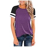 T Shirts Damen Langkurzarm Mode Streifen Spleißen Rundhalsausschnitt Casual Kurzarm Tops blusen Damen elegant Damen leinenbluse weiß Tshirt Damen Baumwolle Kurzarm Damen armhemden #01-Lila XL