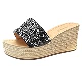 Damen Plateau Hausschuhe Keilabsatz Espadrilles Sandalen Sommer Bequeme Plattform Pantoletten Slipper Strap Offener Zeh Pantoffeln Sandaletten Peep Toe Strand Schuhe Flip Flop (EU:40, Schwarz)