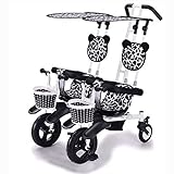 Huachaoxiang Baby-Kinderwagen Zwillings-Dreirad, Perfekter Kinderwagen Doppel-Baby-Fahrrad 5 Modi Frei Mit 3 Punkten Sicherheitsschutz Babywagen Langlebig,Schw