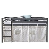 Homestyle4u 1875, Kinderbett 90x200 Grau, Hochbett mit Vorhang Sternen Design, H