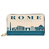 VBTDEGAB Flat Blue Skyline of Rome Leder Brieftasche Reißverschluss Brieftasche Kreditkarteninhaber für Frauen Slim Lange Leder B