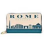 VBTDEGAB Flat Blue Skyline of Rome Leder Brieftasche Reißverschluss Brieftasche Kreditkarteninhaber für Frauen Slim Lange Leder B