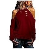 KEXIMIXUE Oberteile Frauen Einfarbig Schulterfrei Halfter Sexy Lange Ärmel Beiläufig Damen Shirt Bluse(Wein,Medium)