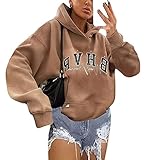 Shownicer Kapuzenpullover Für Damen Herbst Winter Hoodie Letter Print Sweatshirt Lose Casual Langarm Langarmshirt Pullover mit Kapuze Hip Hop Sport Outerwear Khaki M