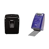 Fellowes Aktenvernichter Microshred 8Mc, Mikro-Partikelschnitt 3x10 mm (P-4) 8 Blatt, mit Sicherheitssperre & PLUS Japan, Datenschutz Rollstempel Camouflage in Blau, Textschwärzer, 1er Pack