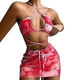 ZIXIA Badeanzug Damen Bauchweg Push Up Bikini Damen High Waist Bauch Weg Badeanzug Damen Bauchweg Tankini Damen Badeanzug Damen Sexy Einfarbiger Bikini Split Badeanzug rot M