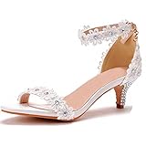 Damen Lace Blumen Hochzeitsschuhe Strass Brautschuhe Braut Peep Toe Kristall Hochzeit Schuhe Riemchen Sandalen High Heels Party Bankett Abend Knöchelriemen Pumps,Weiß,35 EU