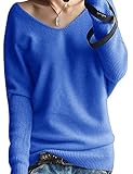 Breampot Pullover Damen Causal Winter Kaschmir Pullover Strickpullover Langarm V-Ausschnitt Lose Pulli Oberteile (Blau, Small)