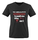 Comedy Shirts - Wir müssen Fett verbrennen schmeiß den Grill an!!! - Herren V-Neck T-Shirt - Schwarz/Weiss-Rot Gr. XXL