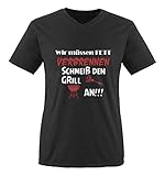 Comedy Shirts - Wir müssen Fett verbrennen schmeiß den Grill an!!! - Herren V-Neck T-Shirt - Schwarz/Weiss-Rot Gr. XXL