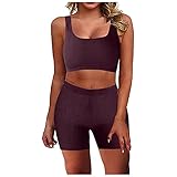 WENZHOU Damen Crop Tops Quadratischem Hals Hoher Taille Leggings Shorts Yoga Outfits 2-teiliges Trainingsanzug Set mit Brustpolster Yoga-Stretch-Top-Set, Sport-Shorts Damen-Workout-O