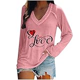 Damen Valentinstag Lange Ärmel Tunika Tee Tops Dünnes Oberteile V-Ausschnitt Basic Elegant Locker Pullover Sportshirt Liebesdruck Hemd Bluse Für Frauen Langarmshirt Blusentop(Rosa,L)