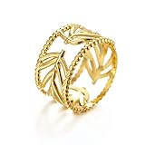 WILD SUN Breiter Ring Damen Gold I Blumen Damenring Breit Verstellbar I Blume, Blatt, Leaf I Hochwertiger Goldring aus 316l Edelstahl mit 18K verg