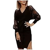 RMBLYfeiye Damen Figurbetontes Kleid Abendkleider Spitze Elegant Kleider Spleißen Strickkleid V-Ausschnitt Langarm Tunika Kleid Einfarbige Minikleid Stickerei Blumen Ärmel Partyk
