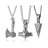 XUANPAI 3 Stück Nordischen Wikinger Schmuck Thors Hammer Nordischen Mjolnir Axt Anhänger Halskette Speerspitze Pfeilspitze Halskette für Männer Amulett Talisman Halsk