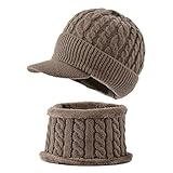 Herren Wintermütze Beanie Hut mit Schal Set Slouchy Strickmütze Warme Knit Skull Cap Fleecefutter H