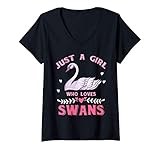 Damen Nur ein Mädchen das Schwäne liebt Wasservogel Schwan T-Shirt mit V