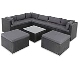 Casaria Poly Rattan XXL Lounge Set inkl. 7cm Auflagen und 15cm dicken Kissen Tisch mit Glasplatte frei stellbare Elemente Gartenmöbel Sitzgruppe Schwarz G